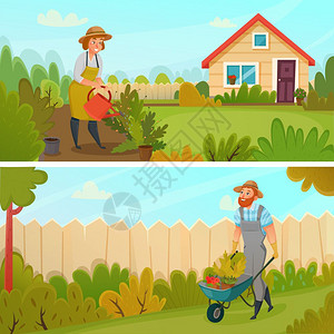园艺横幅套两个彩色水平园艺横幅苗木浇水花坛矢量插图背景图片