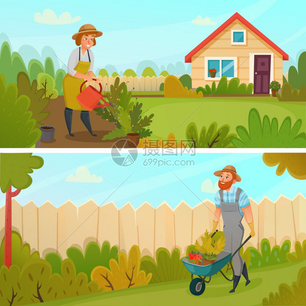 园艺横幅套两个彩色水平园艺横幅苗木浇水花坛矢量插图图片