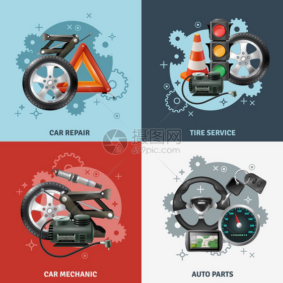 汽车服务图标汽车服务图标与轮胎服务符号现实孤立矢量插图图片