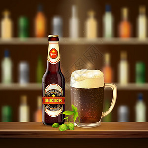 淡木现实的啤酒插图杯瓶冷暗啤酒酒吧柜台现实矢量插图插画