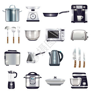 厨房配件套厨房配件咖啡机,烤包机,搅拌机,微波炉,食品处理器,水壶,cezve,刀隔离矢量插图背景图片