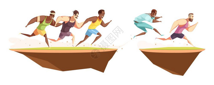 跑步者跳沟作文比赛图标复古卡通构图与男跑步者的同种族肤色矢量插图图片