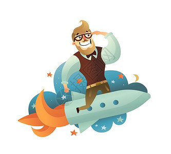 创业人作文彩色创业男子作文与时髦的飞行火箭无处矢量插图图片