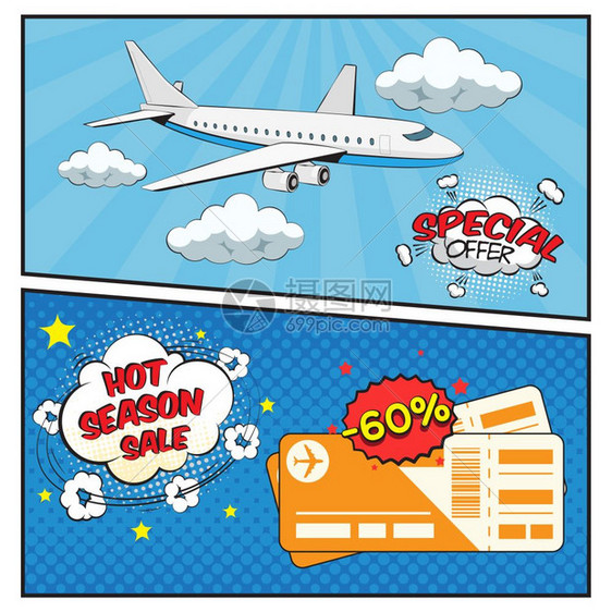 机票销售漫画风格横幅季节销售机票漫画风格横幅与云飞机登机牌孤立矢量插图图片