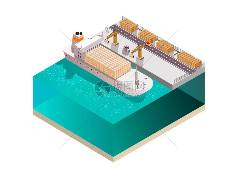 船等距成船厂成与等距图像的海洋货站重机塔装载集装箱货船矢量插图图片