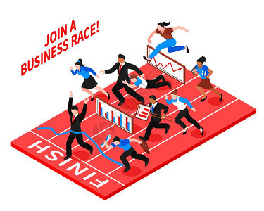 竞争业务构成彩色平竞争业务成与跑步的人,并加入个商业种族描述向量插图图片