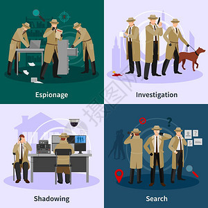 间谍平间谍平与侦探穿着棕色外套,涉及同的专业情况矢量插图图片