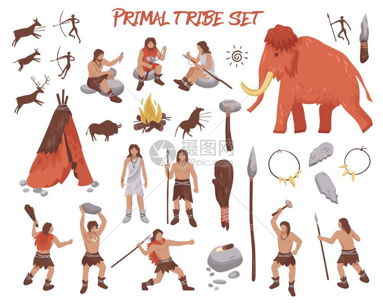 原始部落的人图标原始部落的人图标动物平矢量插图        ID：300921378