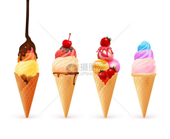 冰淇淋锥品种成冰淇淋锥四个现实的彩色冰淇淋晶片的同口味与浆果浇头矢量插图图片