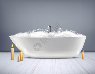 浴缸与泡沫三维插图光滑的白色浴缸,泡沫燃烧蜡烛地板上的灰色墙壁背景三维矢量插图图片