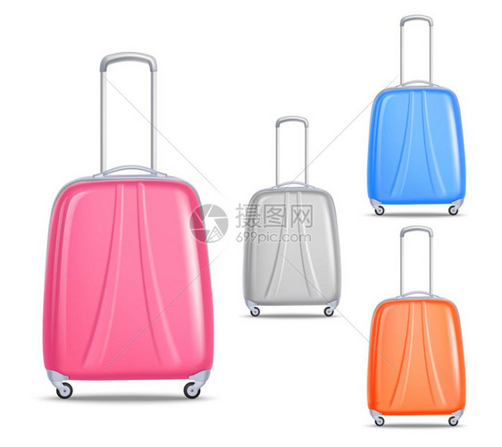 轻巧的彩色塑料旅行箱现代方便的轻重量旅行行李彩色塑料手推车为商务度假旅行矢量插图图片