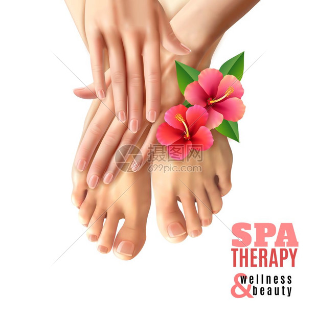 修脚指甲水疗沙龙海报修脚美甲水疗沙龙海报与粉红色的花,女的脚手白色背景的现实矢量插图图片