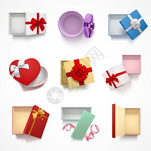多功能礼品盒套收集八个顶部视图现实礼品盒与顶盖同的装饰图案矢量插图图片
