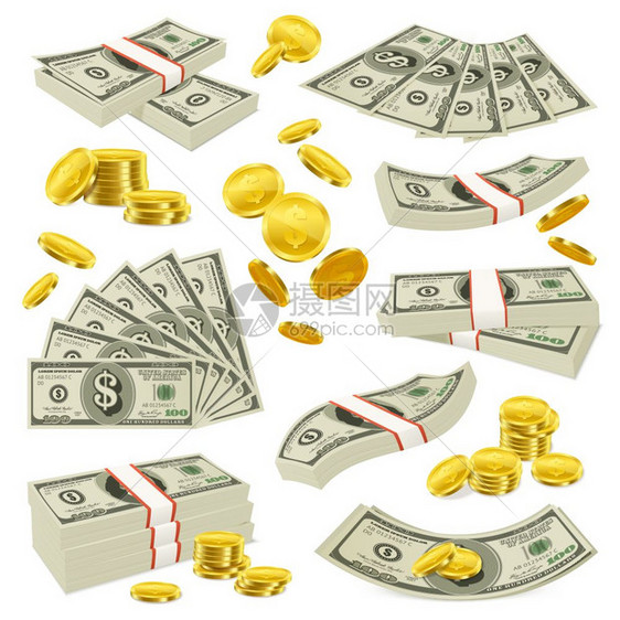 现实的硬币纸币套装铜美分金币美国货币钞票与美元符号现实的货币图像收集矢量插图图片
