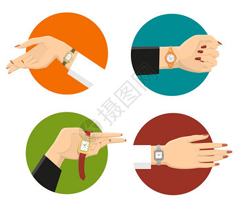 女腕表理念四个优雅的女手彩色圆圈与经典的腕表皮带平孤立矢量插图图片