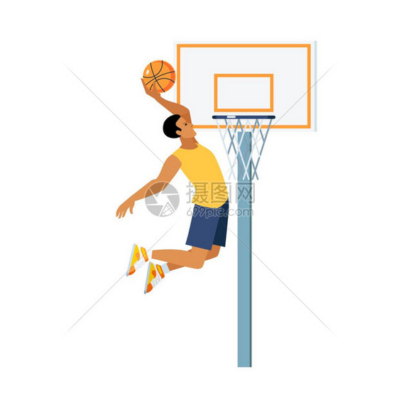 篮球跳跃插图轻人篮球跳跃扣篮近篮板与箍白色背景矢量插图图片