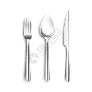 金属餐具写实套装金属发亮的餐具,逼真的与刀叉勺子与黑色条纹手柄隔离矢量插图图片