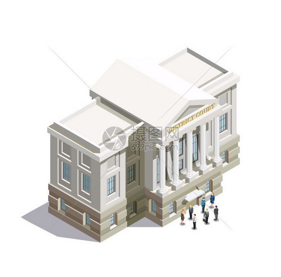 法律等距图标法律等距图标与地区法院大楼人们入口处的白色背景三维矢量插图图片