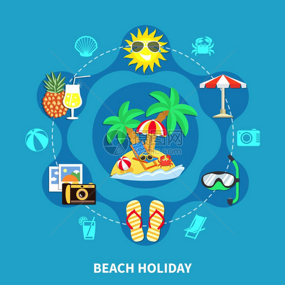 假期图标圆形构图度假旅行平成海滩度假图像与海上休闲活动设备符号剪影矢量插图图片