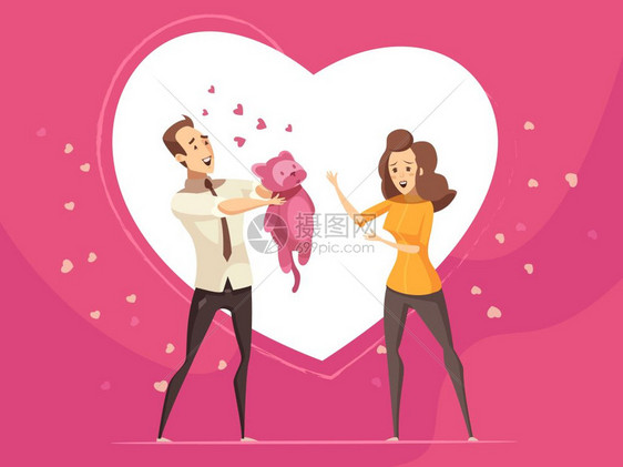 爱情礼物送给情侣情人节卡通卡浪漫礼物,为爱的夫妇情人节卡通卡与粉红色背景大心脏符号矢量插图图片