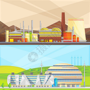 生态废物行业2平横幅生态清洁工业将废物化为能源,并用风力2平隔离横幅矢量插图图片