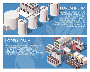 等距工厂横幅两个水平蓝色等距横幅与工厂建筑三维孤立矢量插图图片
