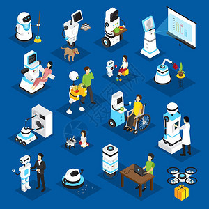 机器人等距集机器人等距与机器的业务,家务,医学,病人护理蓝色背景孤立矢量插图图片