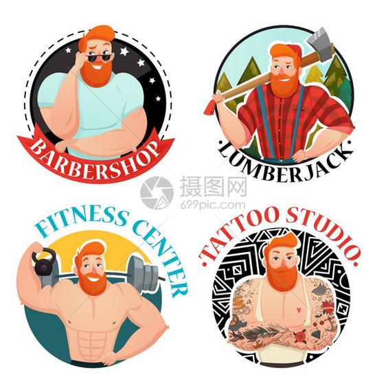 四个标签上残暴的男人图标四个标签与残暴的男人标题理发店伐木工人健身中心纹身工作室平卡通矢量插图图片