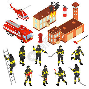 等距消防部门图标彩色等距消防部门图标属,以扑灭火灾矢量插图图片