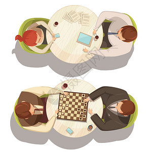 人们圆桌上喝咖啡人们圆桌上喝咖啡,玩跳棋谈话顶视图平卡通矢量插图图片