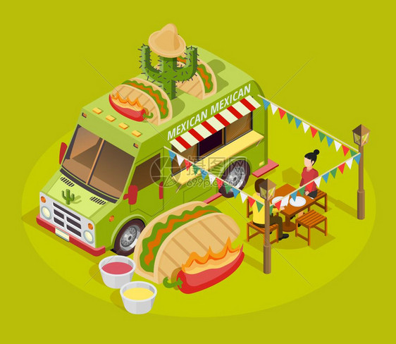 墨西哥食品卡车等距广告海报墨西哥街头食品卡车等距广告海报与墨西哥仙人掌装饰巴士绿色背景矢量插图图片