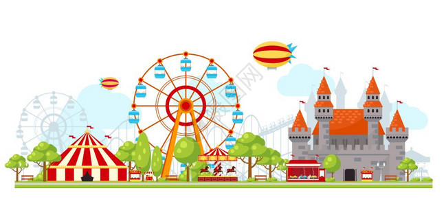 游乐园的构图彩色游乐园构图与娱乐活动儿童摩天轮城堡矢量插图图片