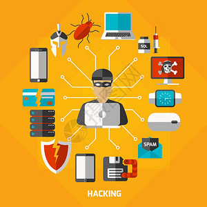 黑客方法圆形构图五颜六色的黑客背景与装饰图标的间谍蝙蝠电子设备防病保护象形文字矢量插图图片