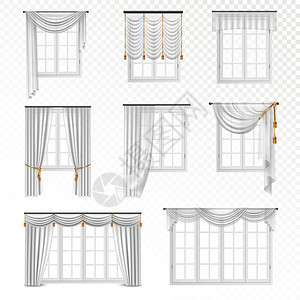 逼真的窗帘套收集真实的窗户与窗帘经典风格的八个平图像透明背景矢量插图图片