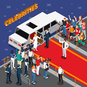 红地毯上的名人等距构图名人红地毯等距构图与白色豪华轿车警卫崇拜者摄影师记者三维矢量插图图片