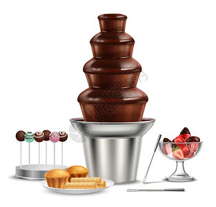 巧克力喷泉写实构图彩色巧克力喷泉逼真的构图与草莓,火锅,水果蛋糕蛋糕弹出矢量插图背景图片