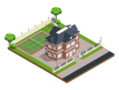郊区的房子成郊区房屋等距成与运动场树木矢量插图图片