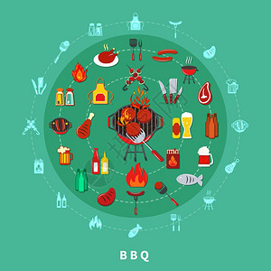 烧烤圈的成烧烤圈构图海报与烤架中心许多食物元素矢量插图图片