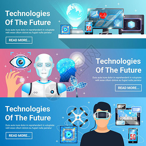 未来技术横幅套未来技术的水平横幅,包括虚拟现实耳机机器人数字医学孤立矢量插图图片