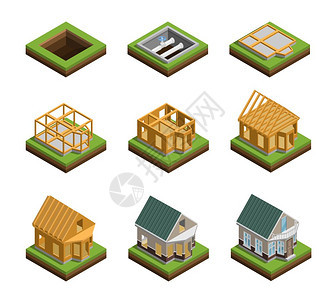 房屋建筑图标房屋建造阶段等距图标隔离矢量插图图片