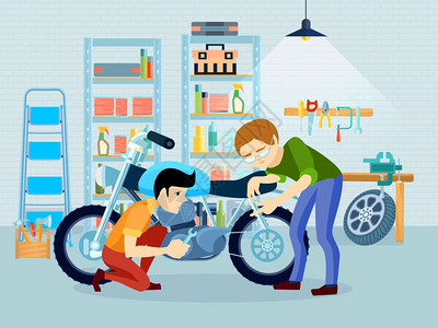 修理摩托车合物平修摩托车构图与父亲骑自行车他的儿子车库矢量插图图片