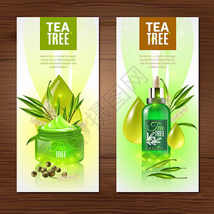 茶树垂直横幅天然机化妆品与茶树油垂直现实横幅隔离木表背景矢量插图背景图片
