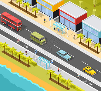 度假城市交通背景度假小镇海滩风景道路的运输成,包括公共汽车站同的车辆矢量图图片