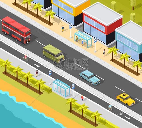 度假城市交通背景度假小镇海滩风景道路的运输成,包括公共汽车站同的车辆矢量图图片