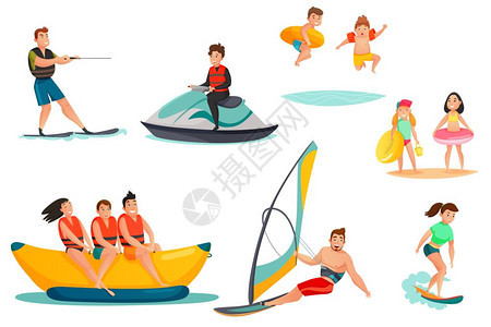 夏季水活动夏季水上活动包括人香蕉船摩托车儿童与橡胶环隔离矢量插图图片