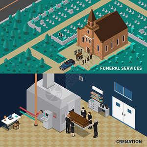 葬礼服务等距横幅葬礼服务等距水平横幅与人们携带棺材教堂火葬矢量插图图片