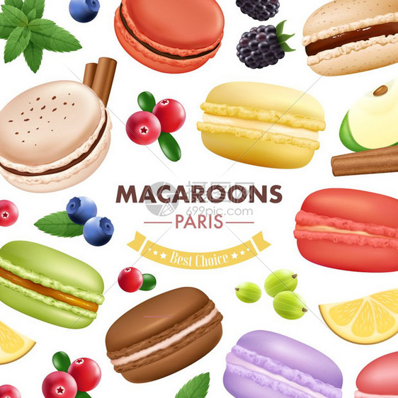 甜蜜的马卡龙商品背景马卡龙与分离的杏仁饼干,薄荷水果浆果图像同的颜色与文本矢量插图图片