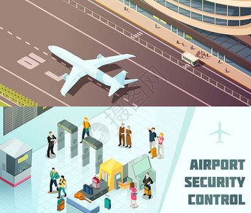 机场水平等距横幅机场水平等距横幅与游客安全控制飞机着陆孤立矢量插图图片