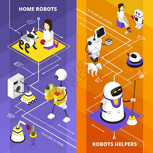 机器人助手垂直等距横幅垂直等距横幅与机器人助手家务上的橙色紫色背景孤立矢量插图图片