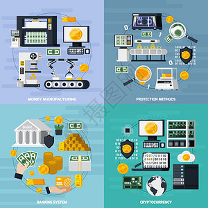 货币制造图标货币制造图标与保护方法符号平孤立矢量插图图片